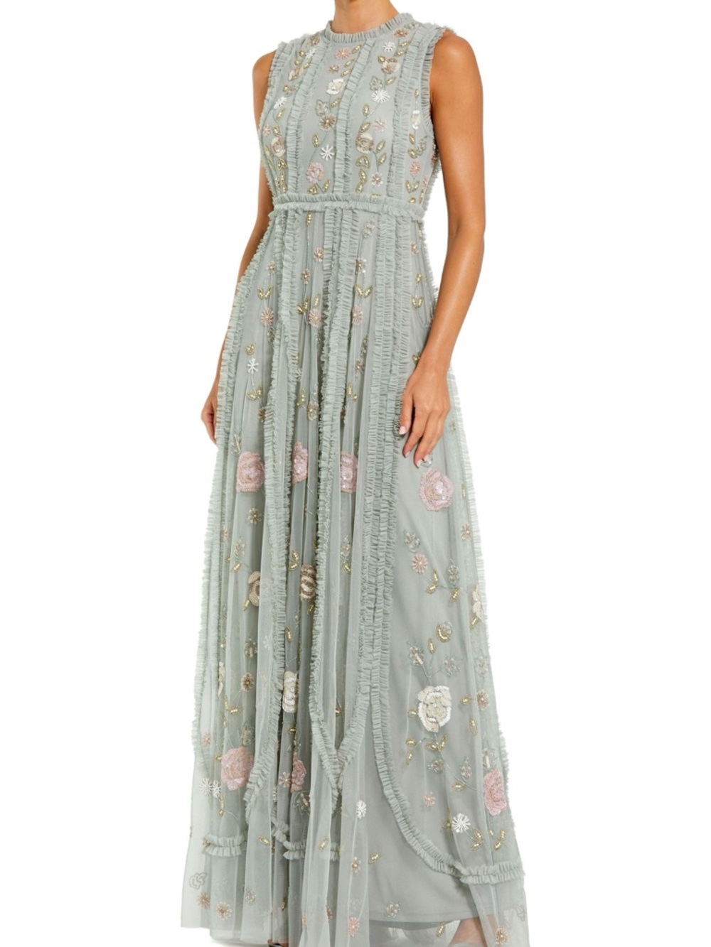 Petite Green Floral Mesh Sleeveless A Line Micro Ruffle Gown
